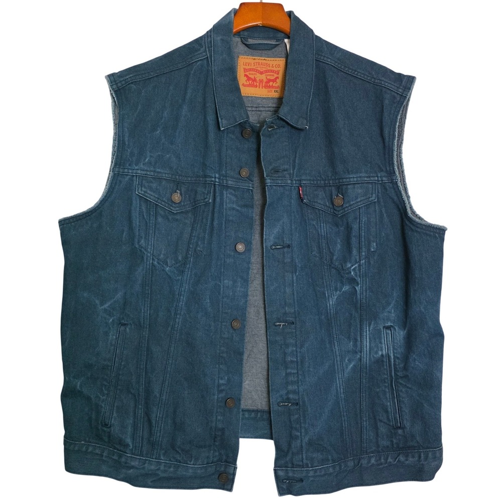 Levis Mens Trucker Denim Vest Dark Wash Blue Sleeveless Jacket XXL Raw Sleeve
